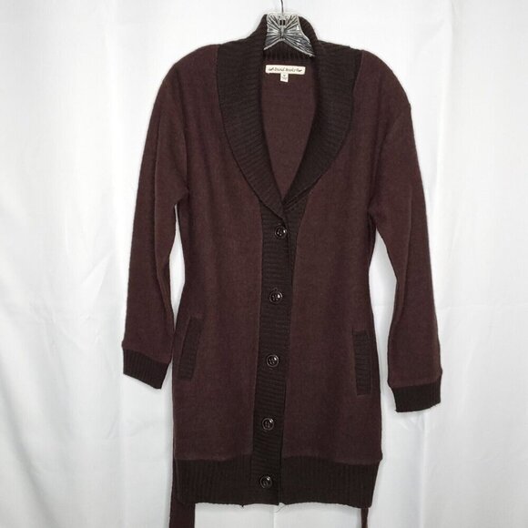David Brooks Cardigan Sweater Coat M Chocolate Brown Wool Ribbed Shawl Collar - Picture 3 of 6
